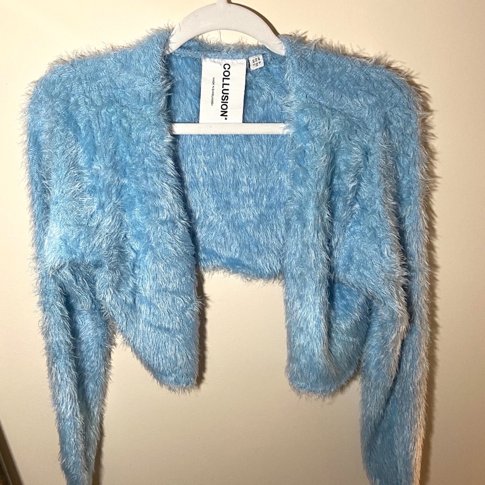 COLLUSION Women's Light Blue Fuzzy Cropped Cardigan